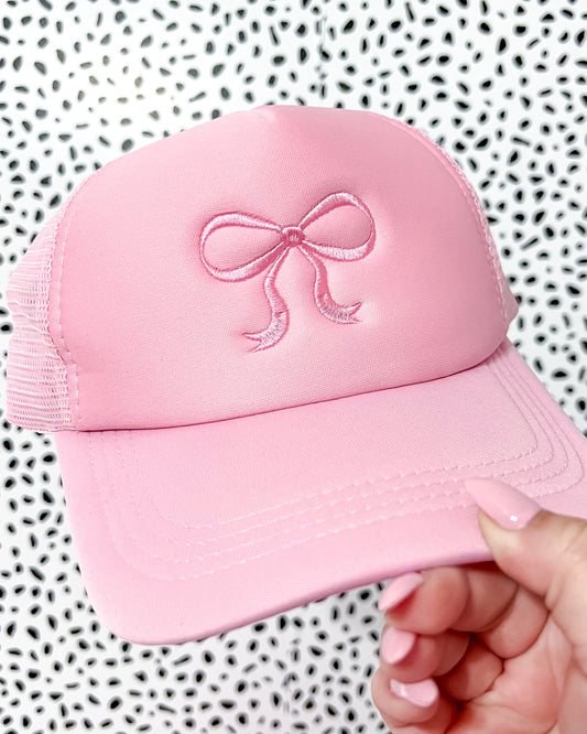 Coquette Bow Embroidered Pink Trucker Hat Preppy Aesthetic